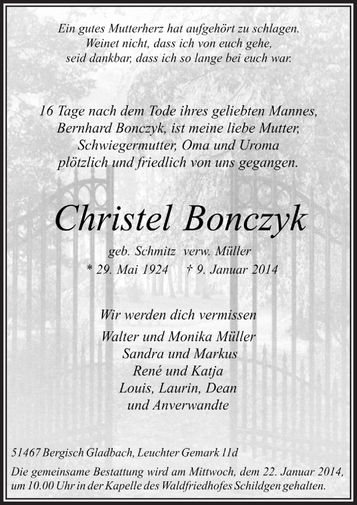  Traueranzeige für Christel Bonczyk vom 15.01.2014 aus  Bergisches Handelsblatt 
