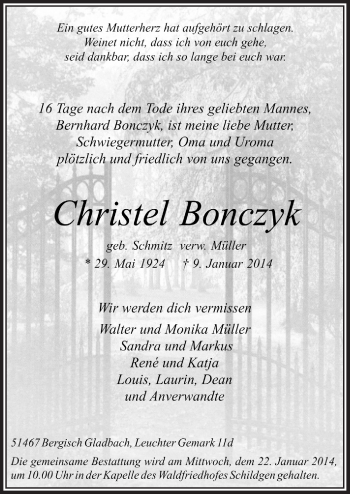 Anzeige von Christel Bonczyk von  Bergisches Handelsblatt 