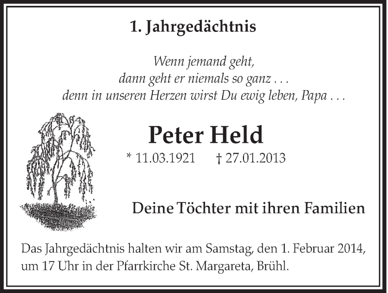  Traueranzeige für Peter Held vom 22.01.2014 aus  Schlossbote/Werbekurier 