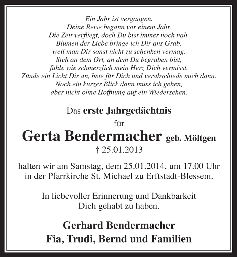  Traueranzeige für Gerta Bendermacher vom 22.01.2014 aus  Werbepost 