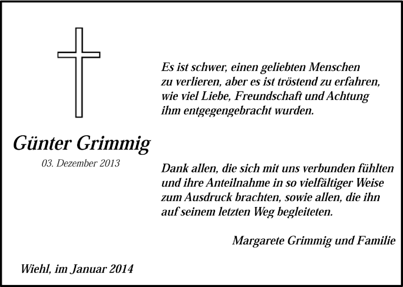  Traueranzeige für Günter Grimmig vom 22.01.2014 aus  Anzeigen Echo 