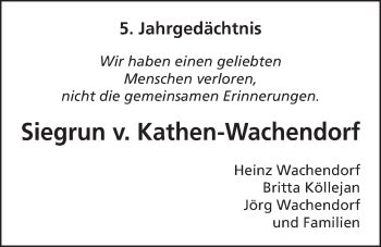 Anzeige von Siegrun von Kathen-Wachendorf von  Schlossbote/Werbekurier 