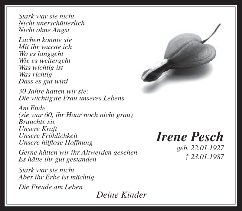  Traueranzeige für Irene Pesch vom 22.01.2014 aus  Werbepost 