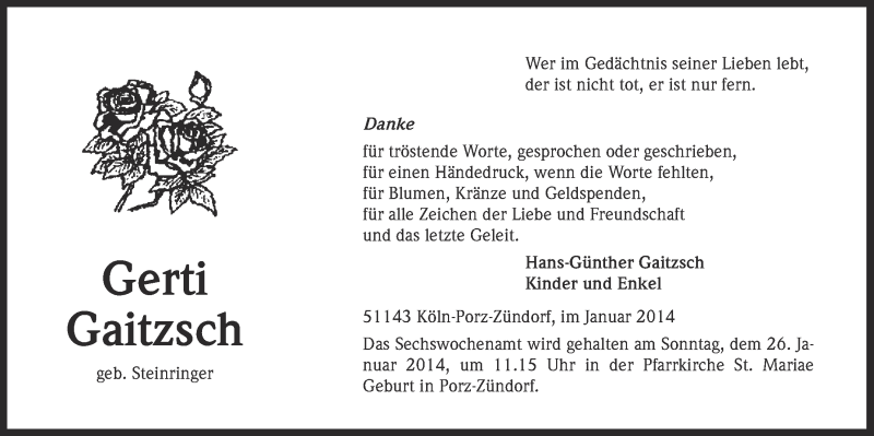  Traueranzeige für Gerti Gaitzsch vom 22.01.2014 aus  Kölner Wochenspiegel 
