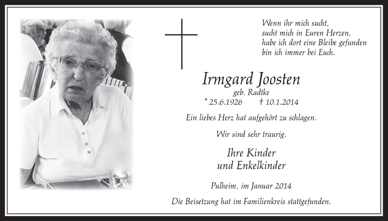 Traueranzeige für Irmgard Joosten vom 22.01.2014 aus  Wochenende 