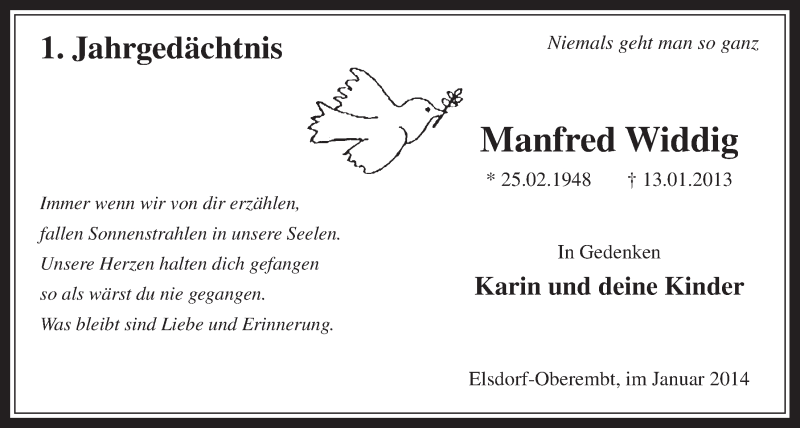  Traueranzeige für Manfred Widdig vom 18.01.2014 aus  Sonntags-Post 