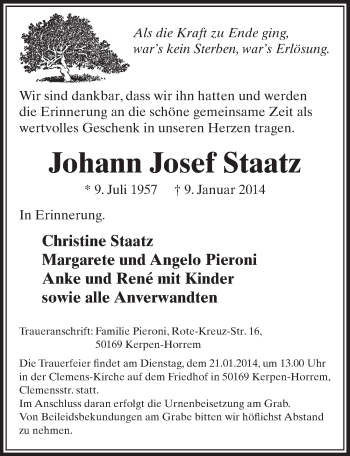 Anzeige von Johann Josef Staatz von  Sonntags-Post 