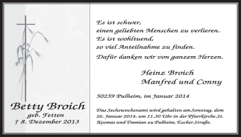 Anzeige von Betty Broich von  Sonntags-Post 