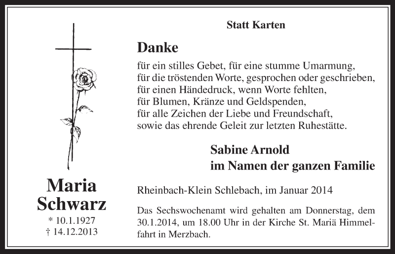  Traueranzeige für Maria Schwarz vom 22.01.2014 aus  Schaufenster/Blickpunkt 