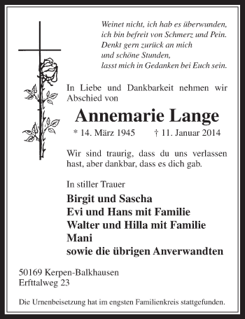 Anzeige von Annemarie Lange von  Werbepost 