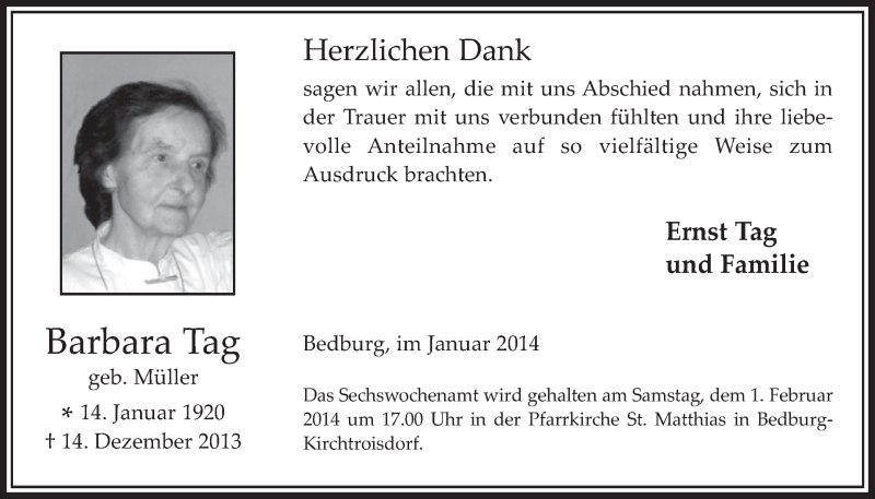  Traueranzeige für Barbara Tag vom 22.01.2014 aus  Werbepost 
