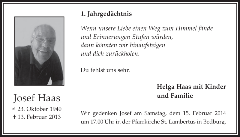 Traueranzeige für Josef Haas vom 29.01.2014 aus  Werbepost 