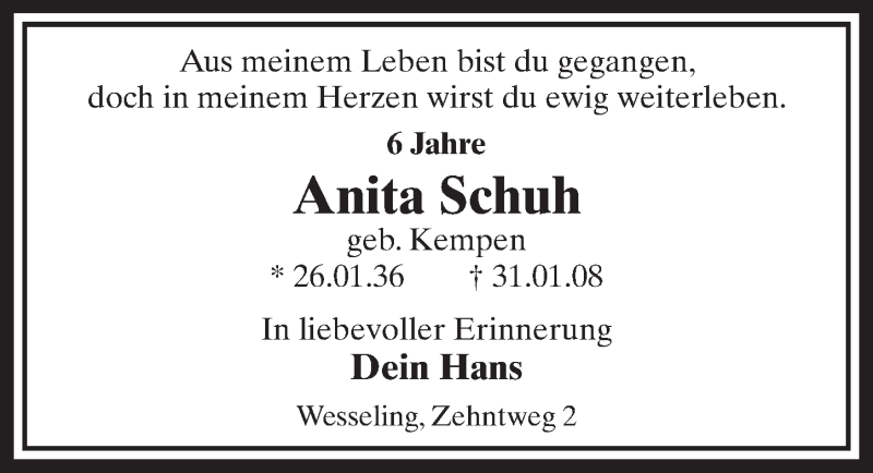  Traueranzeige für Anita Schuh vom 29.01.2014 aus  Schlossbote/Werbekurier 