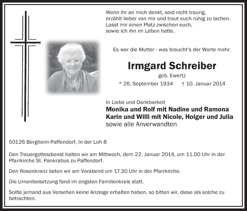  Traueranzeige für Irmgard Schreiber vom 18.01.2014 aus  Sonntags-Post 