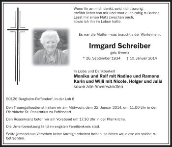 Anzeige von Irmgard Schreiber von  Sonntags-Post 