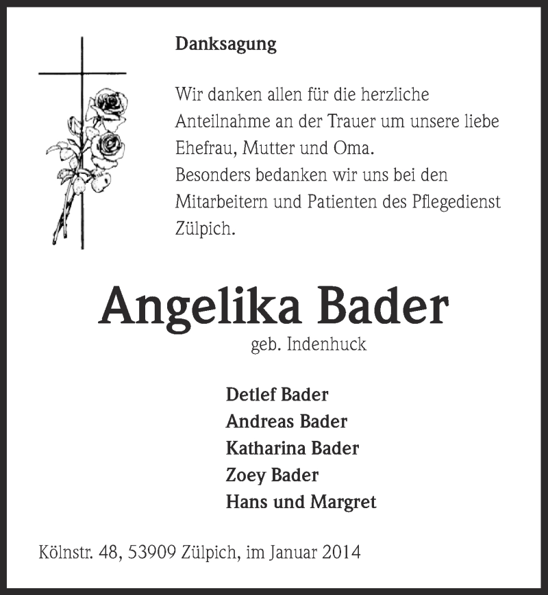  Traueranzeige für Angelika Bader vom 19.01.2014 aus  Blickpunkt Euskirchen 