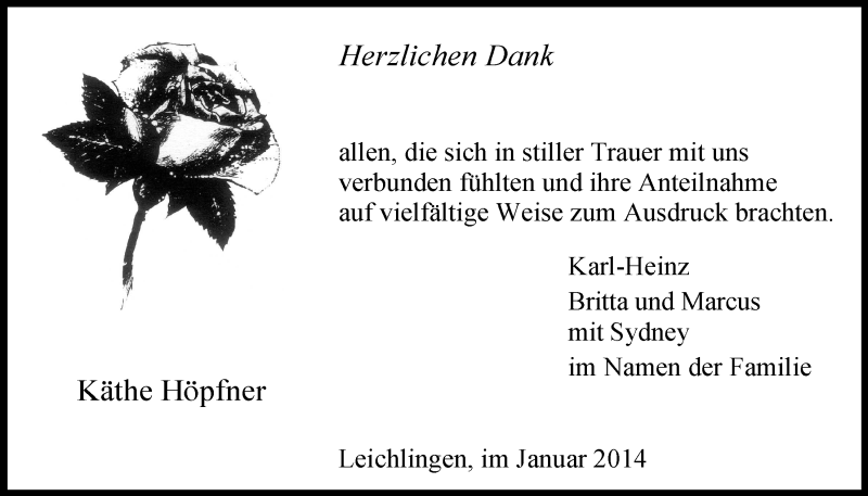  Traueranzeige für Käthe Höpfner vom 18.01.2014 aus  Leverkusener Wochenende 