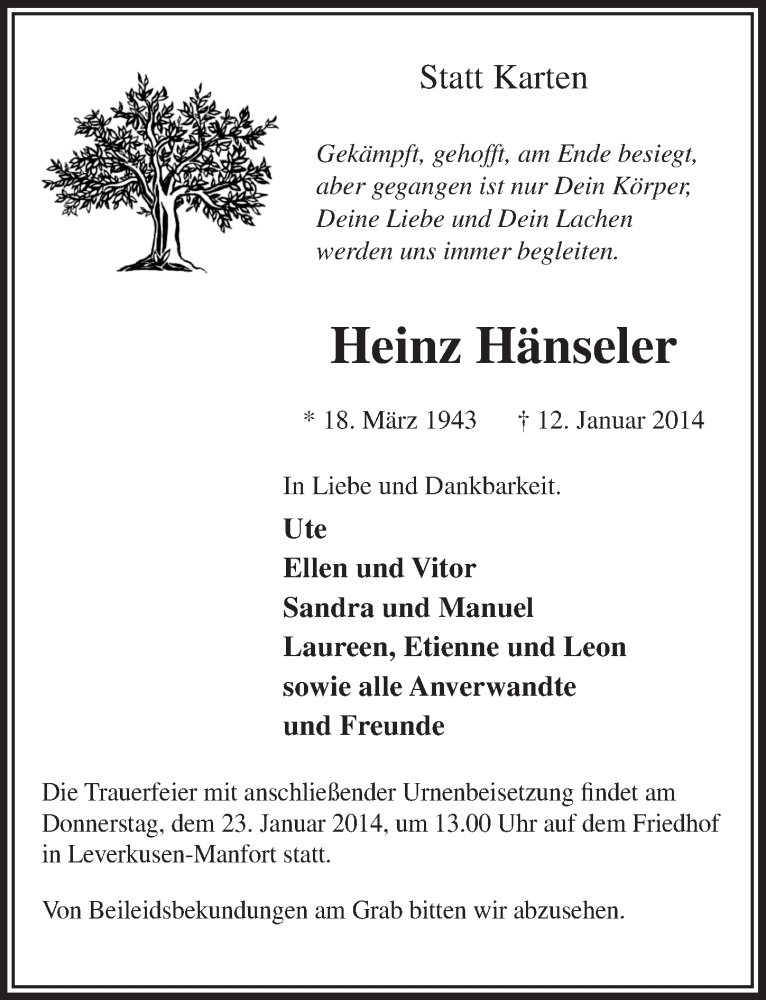  Traueranzeige für Heinz Hänseler vom 18.01.2014 aus  Leverkusener Wochenende 