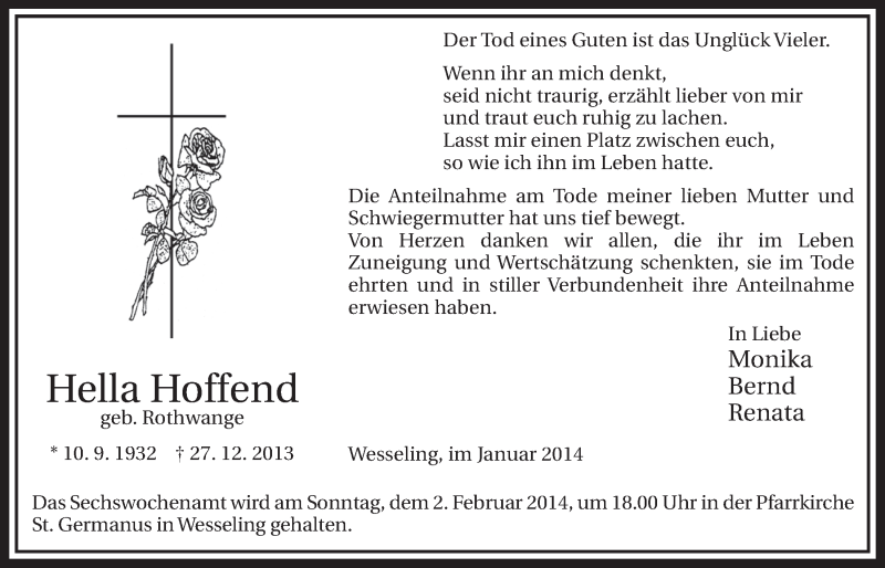  Traueranzeige für Hella Hoffend vom 22.01.2014 aus  Schlossbote/Werbekurier 