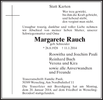 Anzeige von Margarete Rauch von  Schlossbote/Werbekurier 