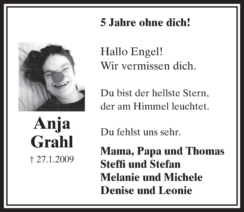  Traueranzeige für Anja Grahl vom 22.01.2014 aus  Schlossbote/Werbekurier 