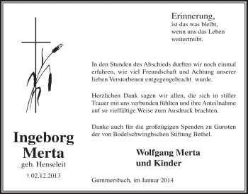 Anzeige von Ingeborg Merta von  Anzeigen Echo 