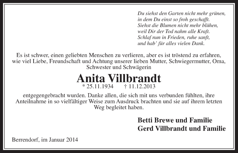  Traueranzeige für Anita Villbrandt vom 22.01.2014 aus  Werbepost 