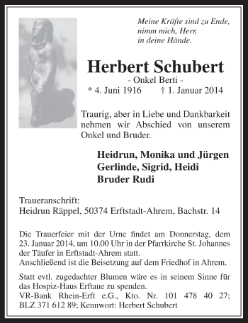 Anzeige von Herbert Schubert von  Werbepost 
