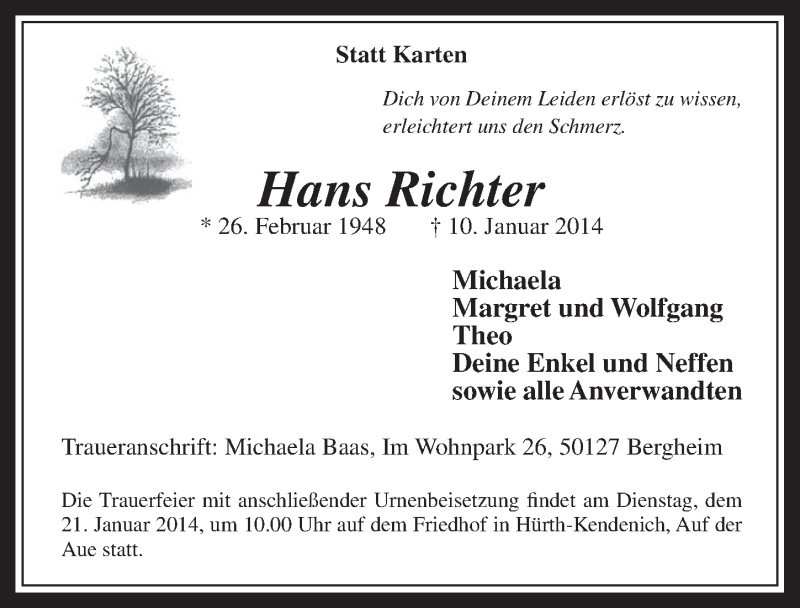  Traueranzeige für Hans Richter vom 18.01.2014 aus  Sonntags-Post 
