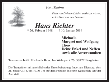 Anzeige von Hans Richter von  Sonntags-Post 