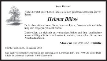 Anzeige von Helmut Bülow von  Wochenende  Schlossbote/Werbekurier 