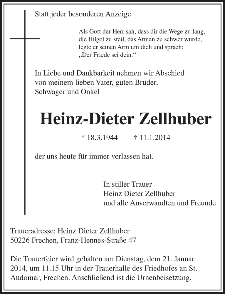  Traueranzeige für Heinz-Dieter Zellhuber vom 18.01.2014 aus  Sonntags-Post 