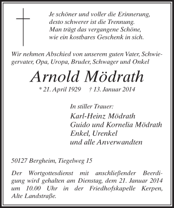 Anzeige von Arnold Mödrath von  Sonntags-Post 