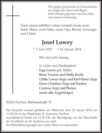 Anzeige von Josef Lowey von  Sonntags-Post 
