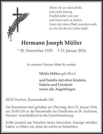 Anzeige von Hermann Joseph Müller von  Sonntags-Post 