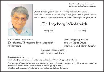 Anzeige von Ingeborg Wiedersich von  Schlossbote/Werbekurier 