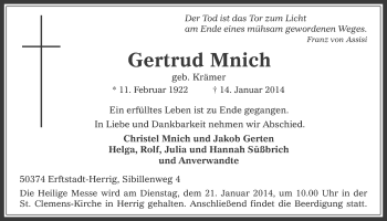 Anzeige von Gertrud Mnich von  Sonntags-Post 