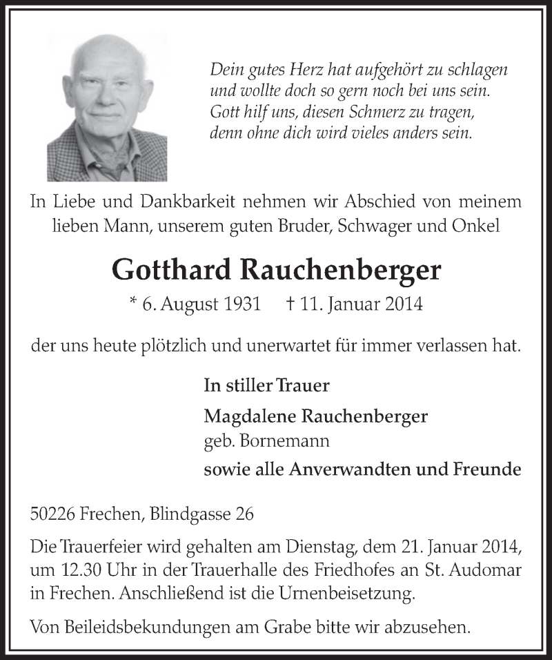  Traueranzeige für Gotthard Rauchenberger vom 18.01.2014 aus  Sonntags-Post 