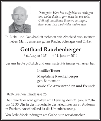 Anzeige von Gotthard Rauchenberger von  Sonntags-Post 