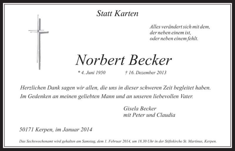  Traueranzeige für Norbert Becker vom 22.01.2014 aus  Werbepost 
