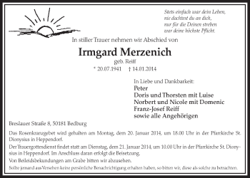 Anzeige von Irmgard Merzenich von  Sonntags-Post 