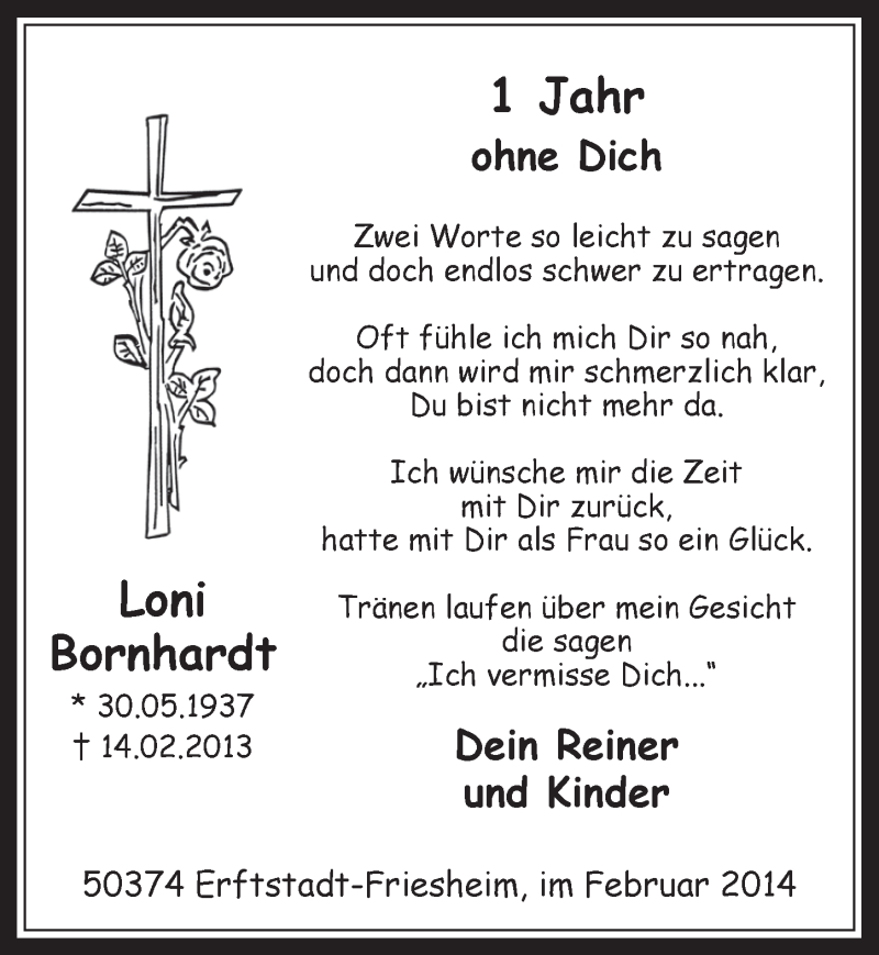  Traueranzeige für Loni Bornhardt vom 12.02.2014 aus  Werbepost 