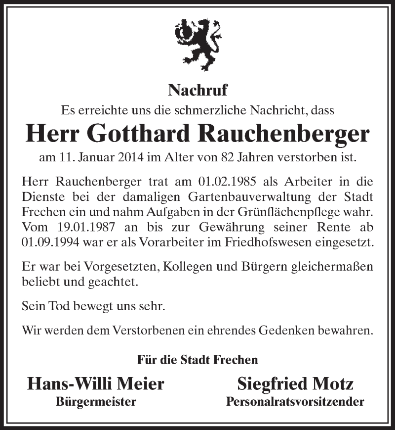  Traueranzeige für Gotthard Rauchenberger vom 18.01.2014 aus  Sonntags-Post 