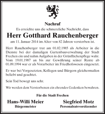 Anzeige von Gotthard Rauchenberger von  Sonntags-Post 