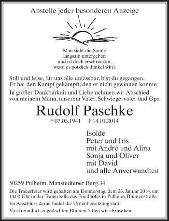Anzeige von Rudolf Paschke von  Sonntags-Post 
