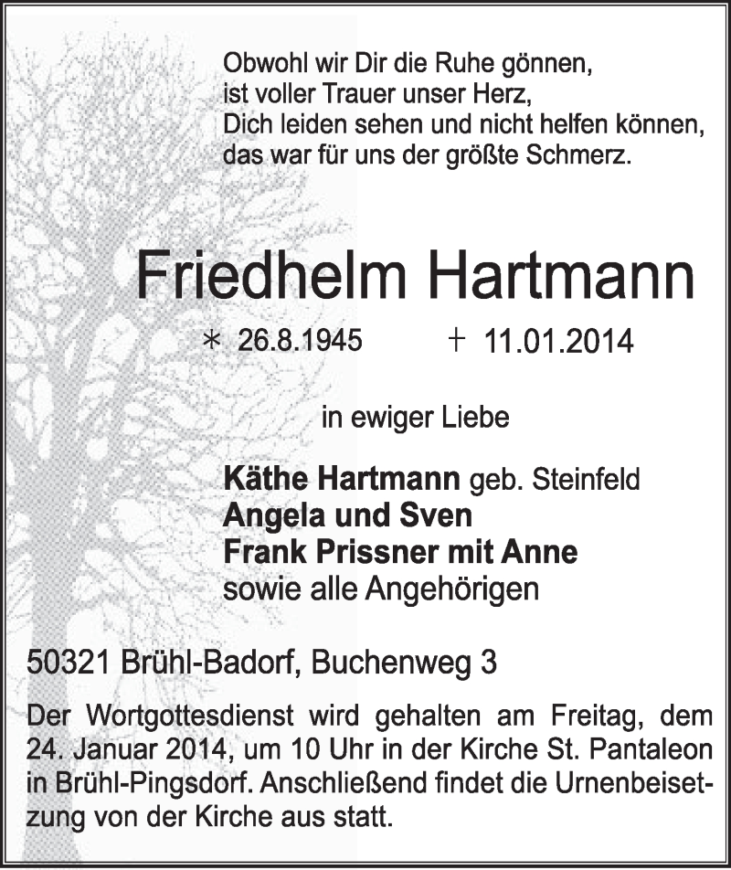  Traueranzeige für Friedhelm Hartmann vom 22.01.2014 aus  Schlossbote/Werbekurier 