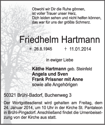 Anzeige von Friedhelm Hartmann von  Schlossbote/Werbekurier 
