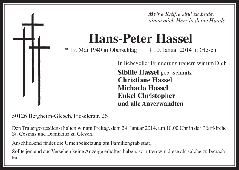  Traueranzeige für Hans-Peter Hassel vom 22.01.2014 aus  Werbepost 