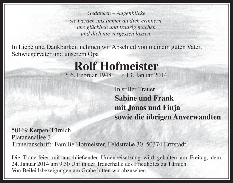  Traueranzeige für Rolf Hofmeister vom 22.01.2014 aus  Werbepost 