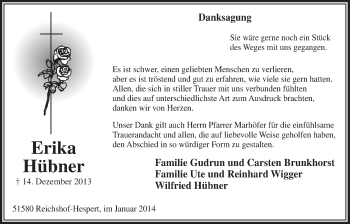 Anzeige von Erika Hübner von  Anzeigen Echo 